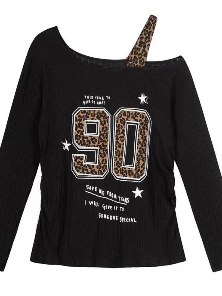 Embroidery Shirt - T-shirt Y2K patchwork imprimé léopard pour