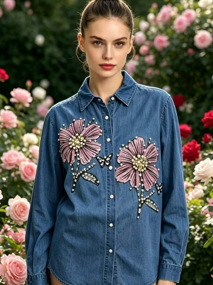 Embroidery Shirt - Chemisier en jean brodé pour femme,