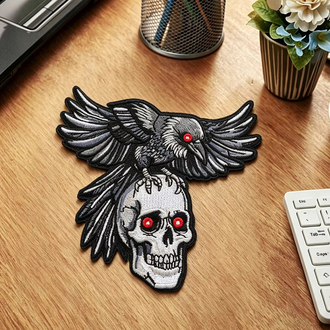 Embroidery Gothic - 1 Patch thermocollant Corbeau sur Crâne,